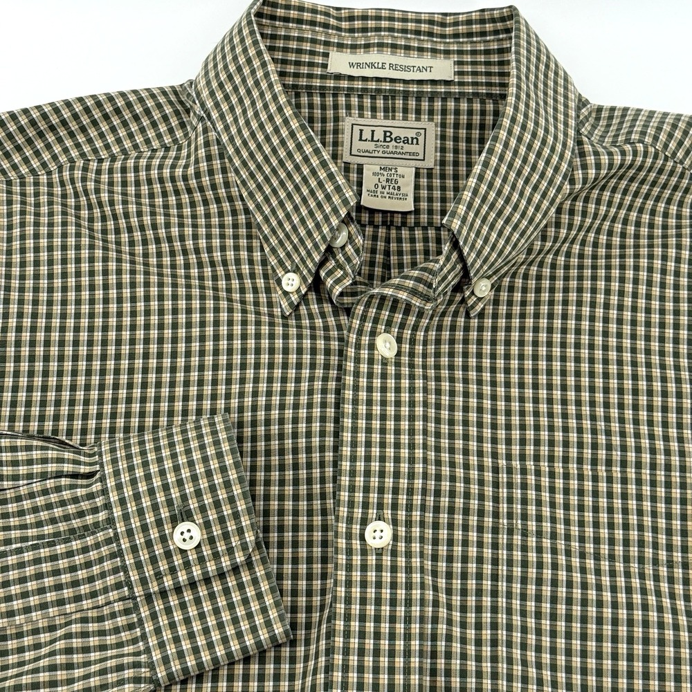 LL BEAN Wrinkle Resistant‎ Button Down Shirt Men's Large Regular   Plaid O WT48